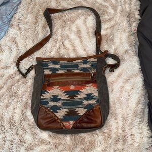 Myra Bag Brown and Blue Aztec Print Crossbody Bag with Adjustable Strap